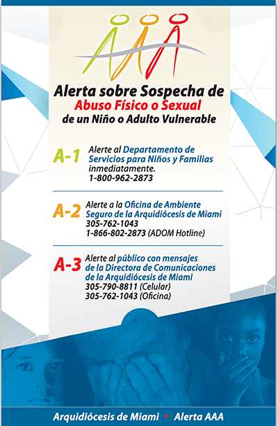 El objetivo del póster, Alerta AAA es recordar a los párrocos y al personal de la iglesia los pasos a seguir si presencian o se les informa sobre sospechas de abuso a niños o adultos vulnerables.