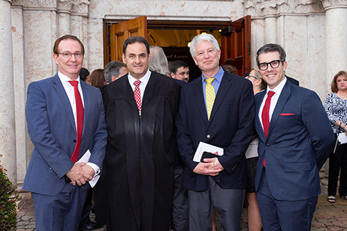 From left: attorney Gary Iscoe, Judge Michael Allen Usan, and attorneys Leo Levenson and Robert Gonzalez pose at the annual Red Mass of the St. Thomas More Society for South Florida.