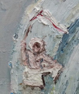 Detail of artist Christopher Mangiaracina's work, "St. Augustine of Hippo." The image of Jesus shaking off his burial garment while holding the victorious flag of his resurrection is depicted on the mitre.