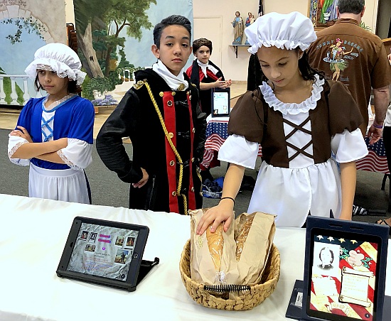 Dressing as Revolutionary War figures are, from left, Sofia Perez as Nancy Hart, Miguel Martinez as General Charles Cornwallis and Hannah Pescatore as Mary Draper.