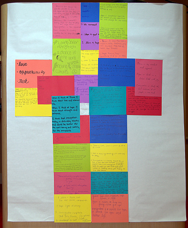 Students attending STU Impact at St. Thomas University wrote their thoughts on Jesus, hope and immigration, then put them in the shape of a cross.