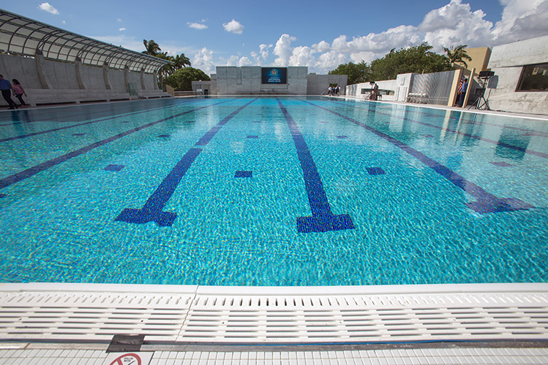 View of the Olympic-size pool at Belen Jesuit's new Gian Zumpano Aquatic Center.