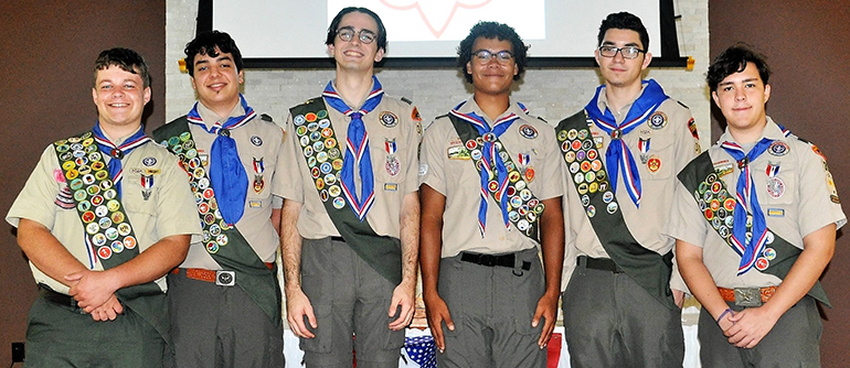 These six Boy Scouts from Troop 314 in Cutler Bay - Brien Culhane, Ryan Kessell, Jacob Steinhilber, Brian Treco, Christian Mendez and Sebastian Mitchell - received certificates acknowledging their well-earned rank as Eagle Scouts during a ceremony July 22 at Our Lady of the Holy Rosary-St. Richard Church in Cutler Bay. Only four percent of Boy Scouts are granted this rank after a lengthy review process and requirements necessary to achieve the rank are fulfilled.