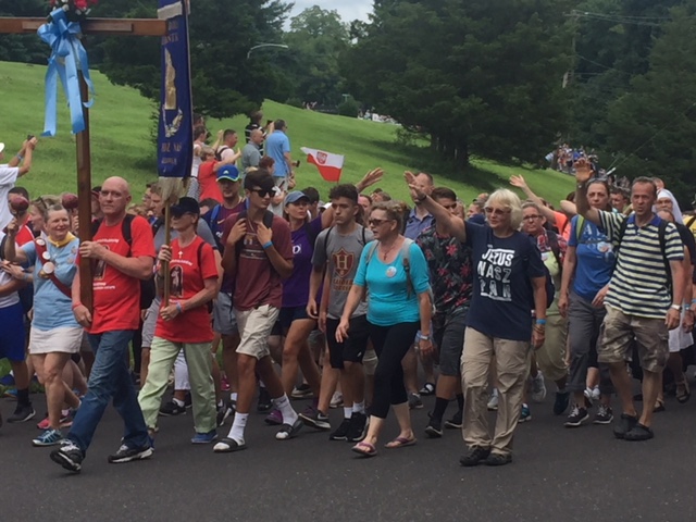 The first group of walking pilgrims arrive at the American Czestochowa in Doylestown, Pennsylvania. The annual 60-mile pilgrimage started Aug. 9 and concluded Aug. 12 and concluded with Sunday Mass. This is the 31st year of the pilgrimage and more than 2,500 men, women and children participated. Archbishop Thomas Wenski, whose parents were Polish, has participated for many years.