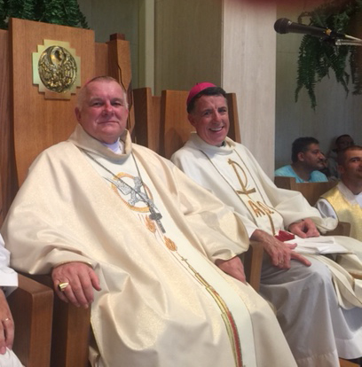 Archbishop Thomas Wenski presides at the Mass concluding the pilgrimage to the Shrine of Our Lady of Czestochowa in Doylestown, Pennsylvania, Aug. 12. At right is Bishop James F. Checchio of the Diocese of Metuchen, New Jersey.