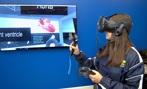 Ally Columbus removes an image of a heart from a pig via a new virtual reality system at St. Thomas Aquinas High School.