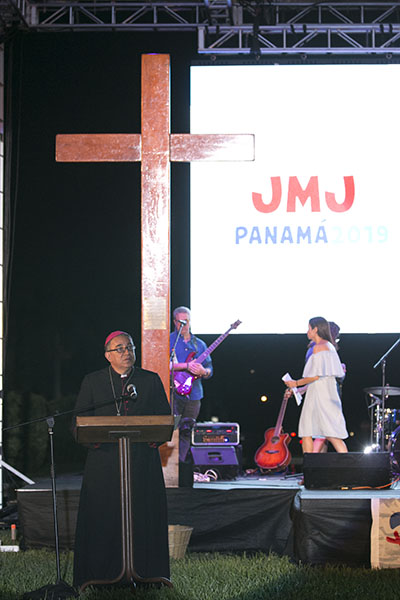 Archbishop Jose Domingo Ulloa of Panama leads a reflection for the young people in attendance at the prayer service Aug. 22 at St. John Vianney College Seminary.