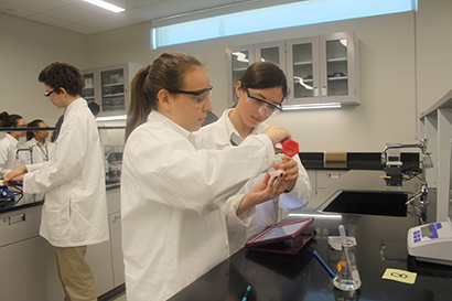 From left: St. Brendan 10th graders Nicole Alpizar and Isabela Rodríguez conduct an experiment during chemistry class, part of the school's STEM Academy (science, technology, engineering and mathematics).