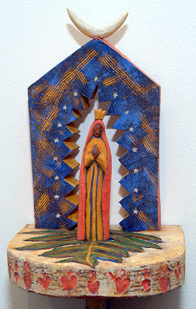 "Small Offering -- Wall Shrine #12" centers on Our Lady of Guadalupe, in Angi Curreri's "Small Offerings" exhibit at St. Thomas University.