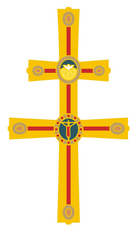 The Jubilaeum pin is a design taken from the archepiscopal cross used at St. Mary Cathedral. The cross is two-barred to signify the dignity of the archbishop. Made like a staff it has the two-barred cross up top and a long downwards extending arm.
Created for the first archbishop, Coleman F. Carroll in 1968, when the Archdiocese of Miami was established, it is gold plated and features colored glass stones and two roundels at each barred cross. The top roundel renders the dove of the Holy Spirit and the bottom roundel the crucified Jesus, both in cloisonné enamel. The style is classic 12th century middle European design. The award pin is a sign of the unity the honoree shares with the archbishop and in thanksgiving for service to the archdiocese.