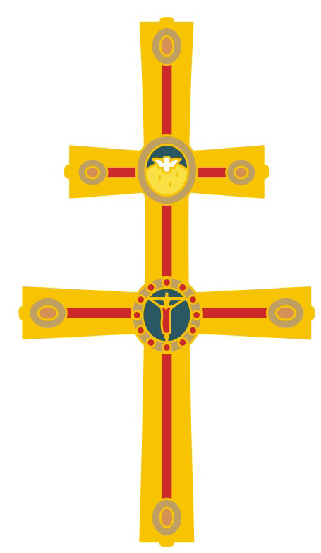 The Jubilaeum pin is a design taken from the archepiscopal cross used at St. Mary Cathedral. The cross is two-barred to signify the dignity of the archbishop. Made like a staff it has the two-barred cross up top and a long downwards extending arm. 
Created for the first archbishop, Coleman F. Carroll in 1968, when the Archdiocese of Miami was established, it is gold plated and features colored glass stones and two roundels at each barred cross. The top roundel renders the dove of the Holy Spirit and the bottom roundel the crucified Jesus, both in cloisonné enamel. The style is classic 12th century middle European design. The award pin is a sign of the unity the honoree shares with the archbishop and in thanksgiving for service to the archdiocese.