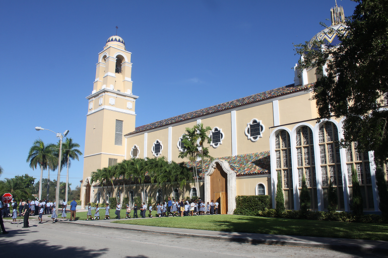 Current view of St. Mary Cathedral, built in a Spanish style, with its single tower housing the bell, and the cupola.
