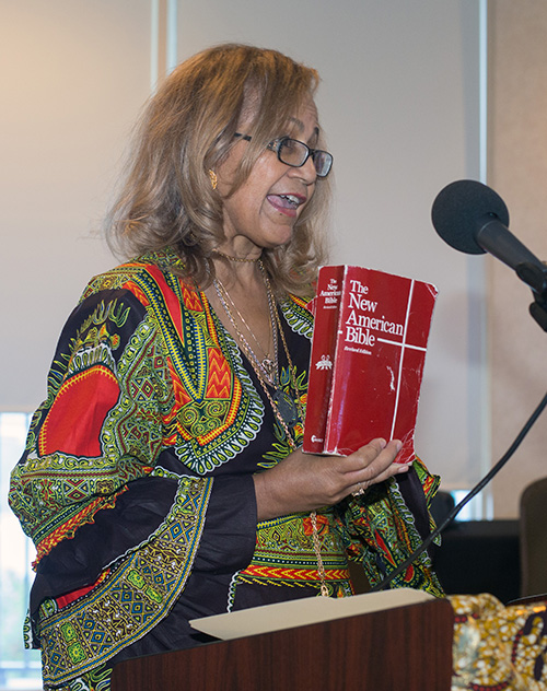 Ida Muorie, author of Black Catholics in America, delivers her speech at the annual Black Catholic History Month luncheon, Nov. 17 in Miami Gardens.