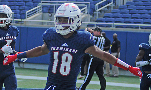 Chaminade-Madonna receiver Elijah Canion celebrates his 71-yard touchdown reception in the third quarter of the FHSAA 3A football final against West Palm Beach King's Academy.