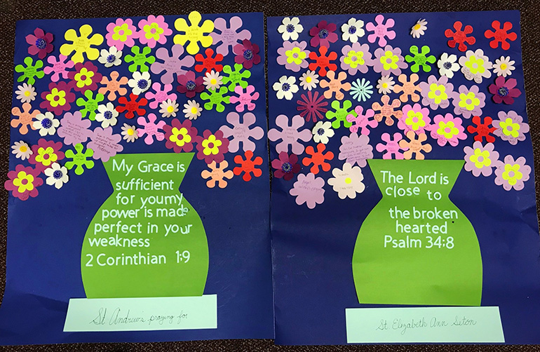 This spiritual bouquet says, "St. Andrew praying for St. Elizabeth Ann Seton." St. Andrew is a church and youth group located only one hour away from Sandy Hook in Newtown, Connecticut. The youth minister there sent this to St. Elizabeth after the Parkland shooting, along with various prayer cards and medals.