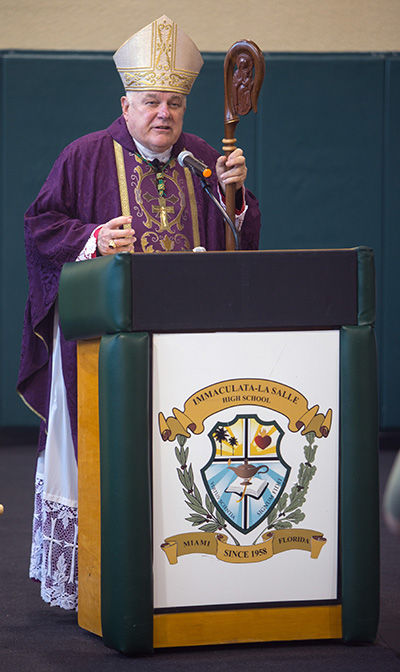 Archbishop Thomas Wenski delivers the homily during the Mass for Immaculata-La Salle High School's 60th anniversary.