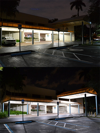 Before (above) and after photos of the Pastoral Center entrance, before and after the installation of LED lights.