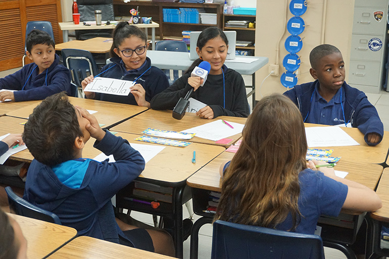 St. Jerome School fifth-graders introduce themselves to fifth graders at Donna Klein Jewish Academy during the video conference that kicked off their participation in the Building Bridges Program.