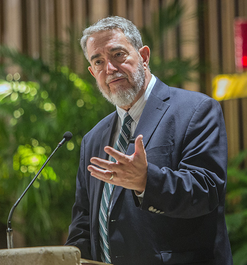 Scott Hahn addresses an audience at St. Hugh Church Feb. 1. The renowned biblical scholar also gave a presentation at St. Agnes Church the next day.