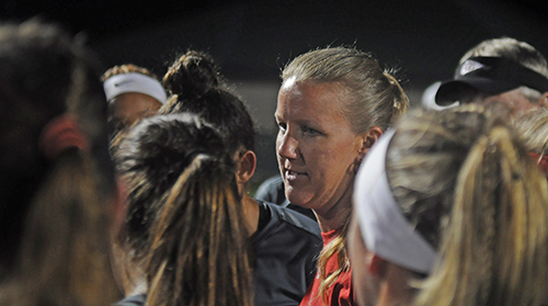 Cardinal Gibbons girls soccer coach Margo Flack consoles her team after their 5-1 loss to Bolles Wednesday, Feb. 20, 2019 at Spec Martin Stadium in DeLand. It was Cardinal Gibbons' first state final since 2009.