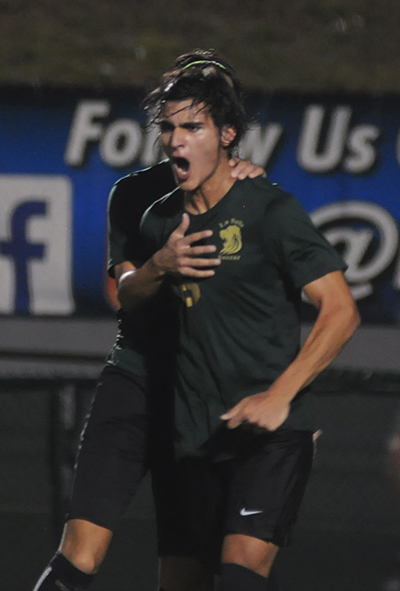 Immaculata La Salle midfielder Lucas Rodriguez, front, celebrates his goal with teammate Enrique Mejia during the second half of their Class 2A boys soccer final against Orlando Lake Highland Prep on Thursday, Feb. 21, 2019, at Spec Martin Stadium in DeLand. The schools tied 1-1 through regulation and overtime, but Lake Highland Prep won 5-4 on penalty kicks.