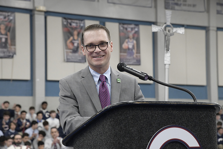 José Viana, Christopher Columbus High class of 1987, speaks to students about the impact a Catholic and Marist education had on his life, during a Mass at the school marking Catholic Schools Week, Jan. 31. He currently serves as assistant deputy secretary and director of the Office of English Language Acquisition for the U.S. Department of Education.