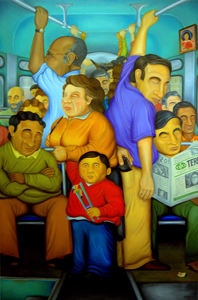 Riders put up with a crowded bus in this painting at new art show by Hugo Orezzoli at St. Thomas University.