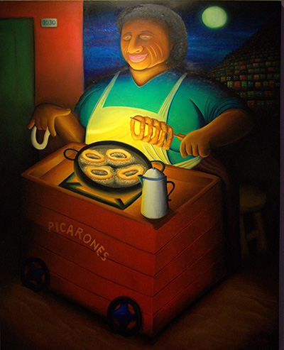 “The Picarones Street Vendor” is lit by her own charcoal fire in Hugo Orezzoli’s art show at St. Thomas University.