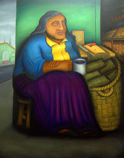 A tamale street vendor offers her wares for breakfast in Lima. Her purple skirt shows that it’s October, the time to celebrate El Señor de los Milagros, says artist Hugo Orezzoli.