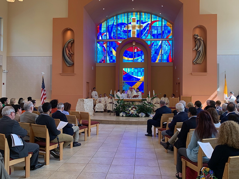 View of St. Anthony Chapel as Archbishop Thomas Wenski celebrates Mass to mark the 15th anniversary of its dedication, on the campus of St. Thomas University in Miami Gardens.