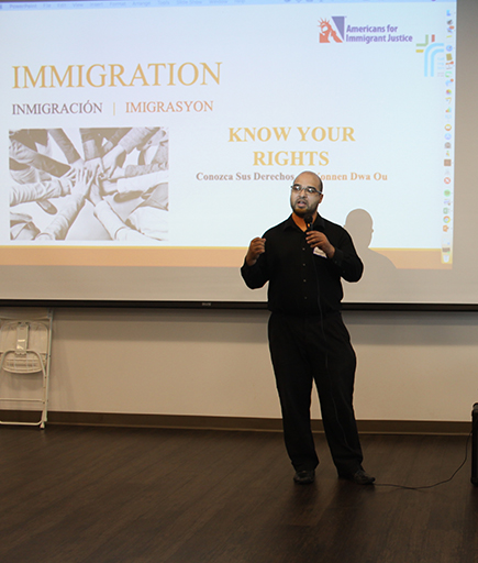 Catholic Legal Services attorney Felix Montañez speaks about asylum to a mostly Venezuelan audience gathered for a Know Your Rights session Feb. 9, 2019 at Our Lady of Guadalupe Church, Doral.