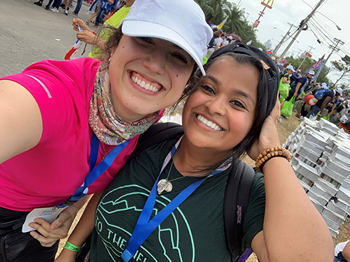 St. Mary Cathedral School teachers Carmen Hilburn, left, and Anita Tharayil took this quick selfie after finding each other in the midst of the crowd at Campo San Juan Pablo II, where Pope Francis and World Youth Day pilgrims would celebrate an evening vigil Jan. 26 and Sunday Mass Jan. 27.