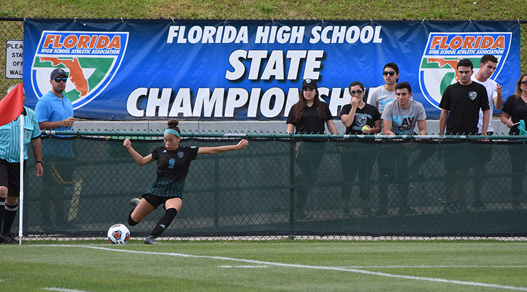 Archbishop McCarthy High forward Nadia Colon executes a corner kick during the Class 4A state championship soccer final in DeLand, which McCarthy lost 0-1 to another nationally ranked team, Montverde Academy.