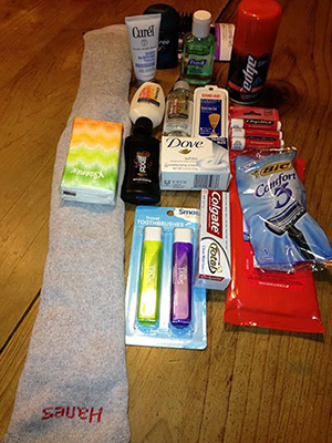 Some of the socks and toiletries collected by third- and fourth-graders at Mary Help of Christians School in Parkland for their Socks of Love project.