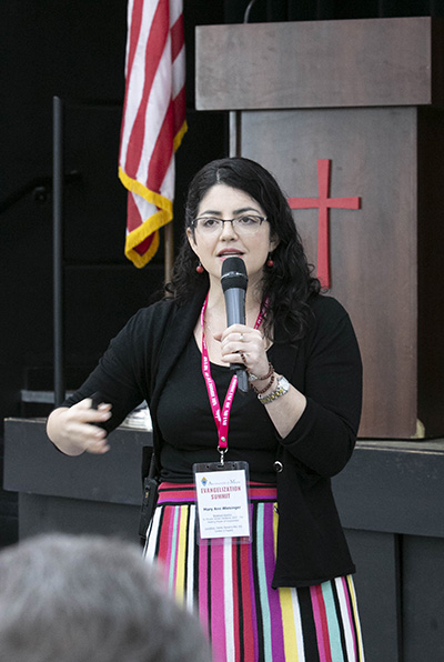 Mary Ann Wiesinger, archdiocesan director of Evangelization and Parish Life, speaks to participants at the archdiocesan Evangelization Summit, March 16, 2019, at Msgr. Edward Pace High School in Miami Gardens.