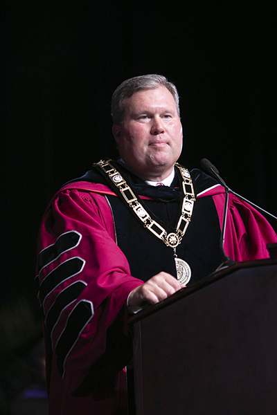 David A. Armstrong addresses guests, students and staff gathered for his inauguration as 10th president of St. Thomas University, Miami Gardens, March 20, 2019.