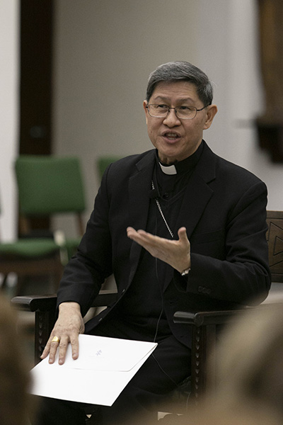 Cardinal Luis Antonio Tagle of Manila answers audience questions at St. John Vianney College Seminary, Miami, after delivering the annual Fides et Ratio lecture, March 22, 2019.