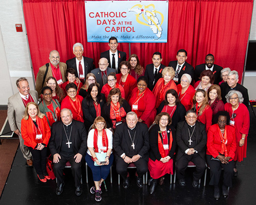 Miami's bishops, Archbishop Thomas Wenski and Auxiliary Bishops Peter Baldacchino and Enrique Delgado, pose with the archdiocesan delegation to Catholic Days at the Capitol, which included representatives of the Miami Archdiocesan Council of Catholic Women and five seminarians invited by Father Michael Greer, pastor of Assumption Parish in Lauderdale-By-The-Sea and spiritual advisor to the women's group. The trip is organized each year by the archdiocesan Respect Life Office.