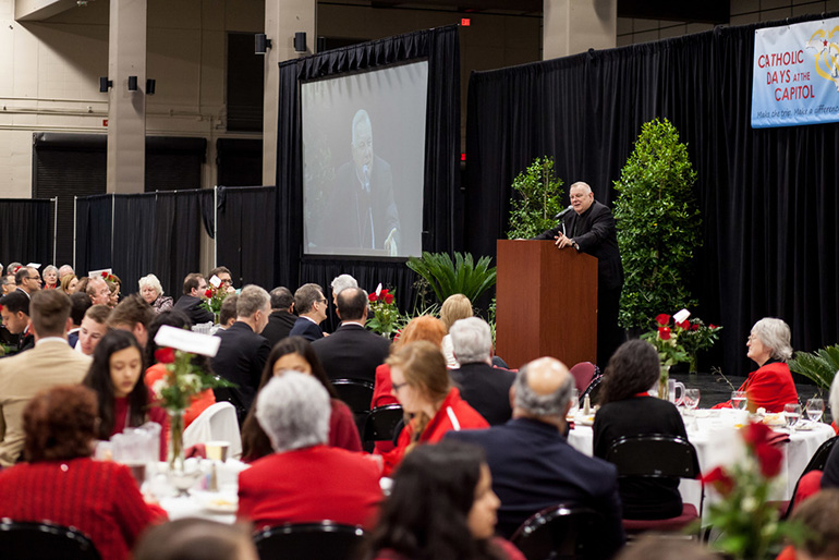 Archbishop Thomas Wenski speaks to participants from throughout Florida who attended the Catholic Days at the Capitol luncheon with Florida's bishops.