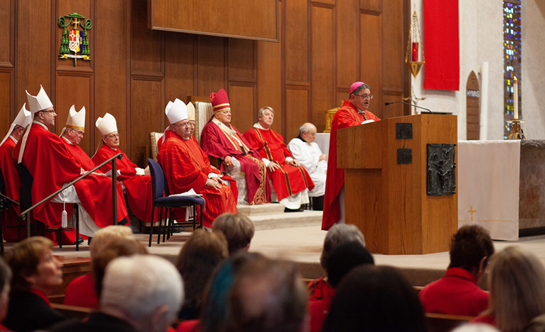 Miami Auxiliary Bishop Enrique Delgado preaches the homily at this year's Red Mass of the Holy Spirit, celebrated March 27, 2019 at the Co-Cathedral of St. Thomas More in Tallahassee.