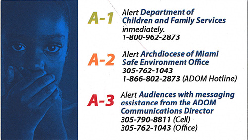 Back of business card-size AAA alert to remind pastors and other church personnel of the steps to take if they witness or are told of suspected abuse of children or vulnerable adults.