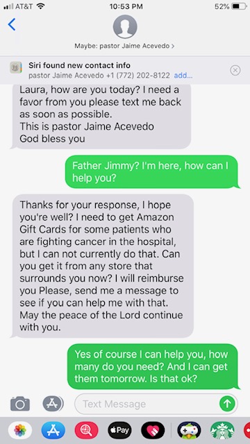 Image of a scam: Text message purportedly sent by Father Jaime Acevedo, pastor of St. Mark in Southwest Ranches, to one of his parishioners.