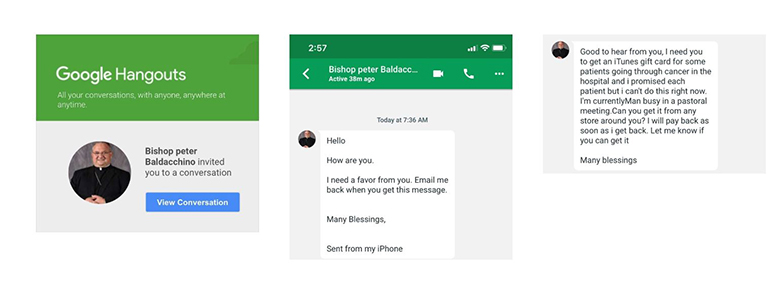 Also on Google Hangouts: A message purportedly sent by Auxiliary Bishop Peter Baldacchino, pastor of St. Kieran in Miami, to one of his parishioners.