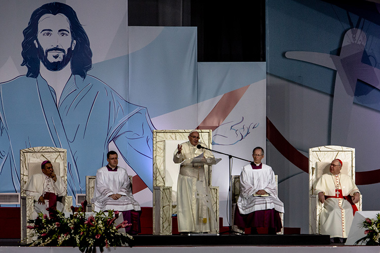 Pope Francis presides over the vigil ceremony and Eucharistic adoration with young people during World Youth Day in Panama City's Campo San Juan Pablo II, Jan. 26, 2019.