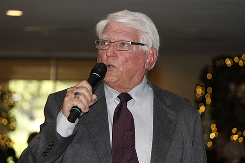 Paul Ott, principal of Cardinal Gibbons High School, praises Franciscan Sisters Marie Schramko and Janet Rieden at their retirement luncheon in December 2015. He first met Sister Schramko in the early 1960s, when he was a student at the school. She hired him to teach there after he graduated from college.