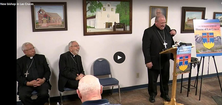 Screenshot of the KVIA livestreaming of the press conference May 15 in Las Cruces, where Bishop Peter Baldacchino was introduced to his new flock. Seated, from left: Las Cruces' first bishop, now Bishop Emeritus Ricardo Ramirez, and Bishop Gerald Kicanas, bishop emeritus of Tucson, Arizona, who served as apostolic administrator of Las Cruces for the past eight months. The diocese's second bishop, Bishop Oscar Cantu, was appointed coadjutor of the Diocese of San Jose, California.