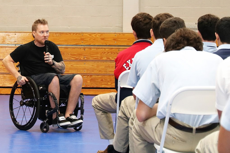 With the help of two clubs - Students Together Against Negative Decisions (STAND) and Students Against Destructive Decisions (SADD) - the freshman and sophomore classes at Christopher Columbus High were able to attend a lecture on campus from national speaker Kevin Brooks. Brooks spoke about many important topics that affect today's youth like impaired/distracted driving, suicide prevention, depression, bullying, relationships, peer pressure, and coping with guilt, tragedy and stress.