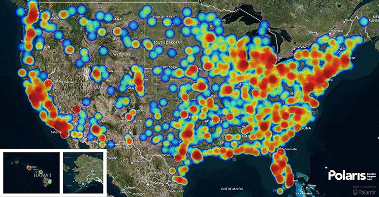 Screenshot of a hotline map produced by The Polaris Project that shows Florida as a hotspot for human trafficking.