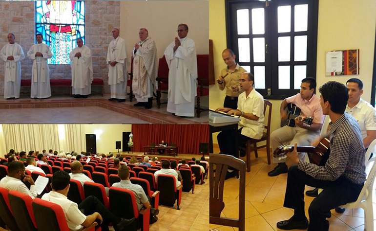 Estas imágenes, tomadas del sitio web de la Iglesia Católica en Cuba, muestran momentos de la visita del Arzobispo Thomas Wenski al Seminario de San Carlos y San Ambrosio en La Habana. El arzobispo encabezó una peregrinación del 24 al 29 de mayo de unas 40 personas de la Arquidiócesis de Miami para conmemorar el 500 aniversario del establecimiento de la ciudad de La Habana. El grupo de Miami celebró una misa con los seminaristas, una misa que fue seguida por una cena típica cubana y el acompañamiento musical de los seminaristas (derecha), y luego una presentación sobre la historia de la Iglesia en Cuba (abajo).