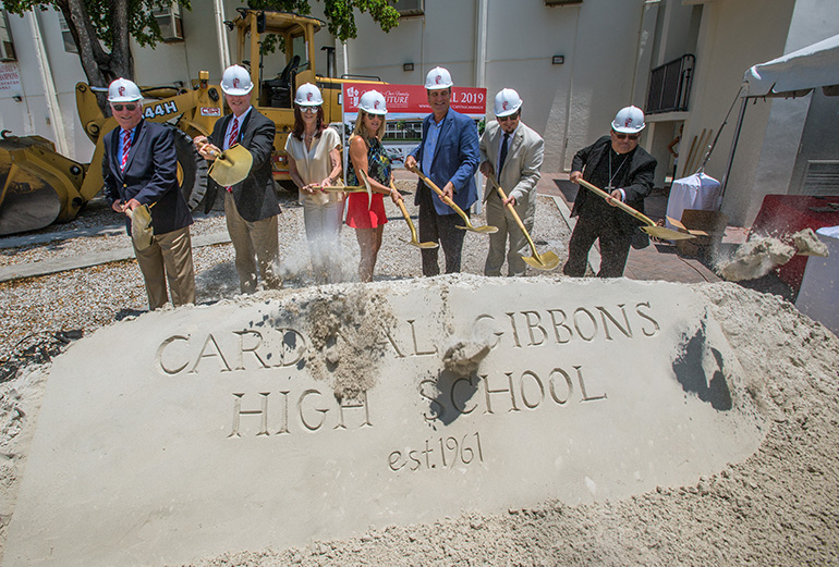 Turning shovels at the groundbreaking for Cardinal Gibbons High School's new STEAM Center, from left: Paul Ott, 1966 graduate and outgoing principal; Tom Mahon, new president; benefactors Susan Smith and Sharon Smith; Jack Seiler, 1981 graduate and former Fort Lauderdale mayor; Oscar Cedeno, incoming principal; and Bishop Enrique Delgado.